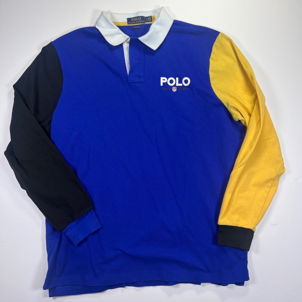 Polo Ralph Lauren Rugby Shirt Mens XL Blue Colorblock Long Sleeve Graphic Logo